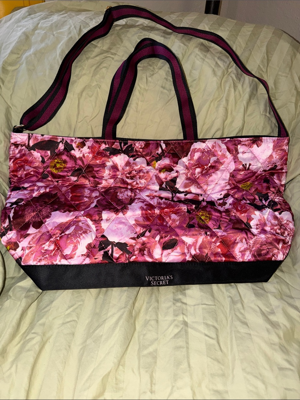 Victoria's Secret Pink Floral Tote with Black Base and Striped Straps